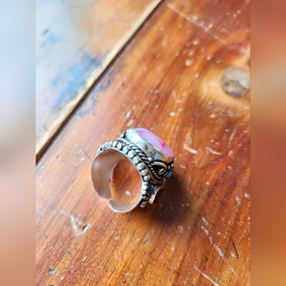 Agate, Lapis, Turquoise & Coral Gemstone Adjustable Statement Ring - Picture 11 of 16